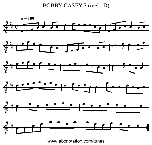 BOBBY CASEY'S (reel - D) - staff notation