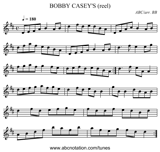 BOBBY CASEY'S (reel) - staff notation