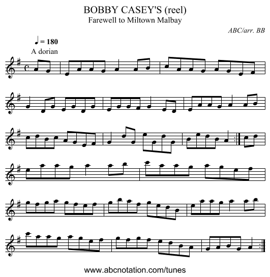 BOBBY CASEY'S (reel) - staff notation