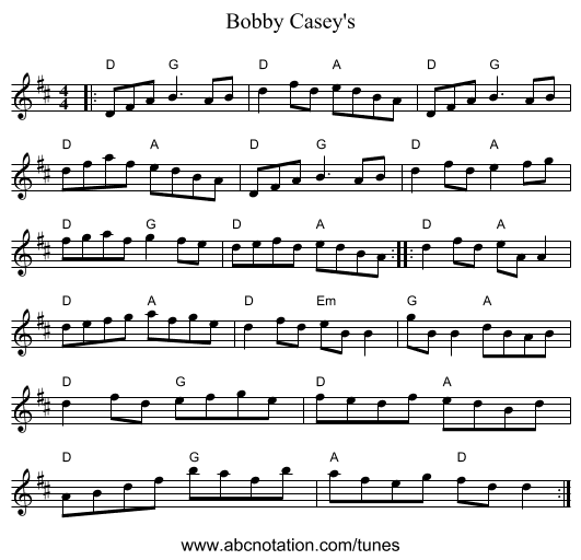 Bobby Casey's - staff notation
