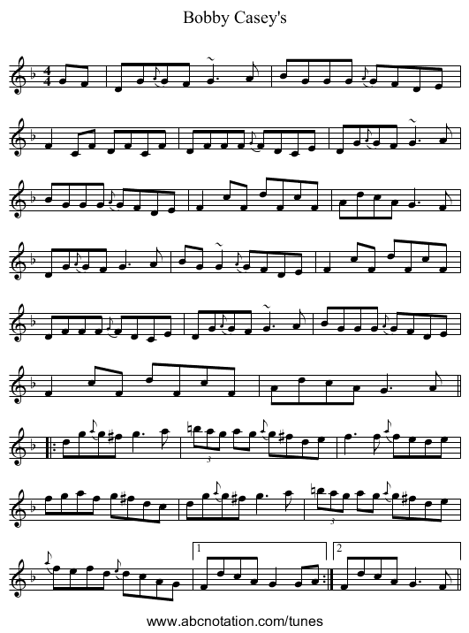 Bobby Casey's - staff notation