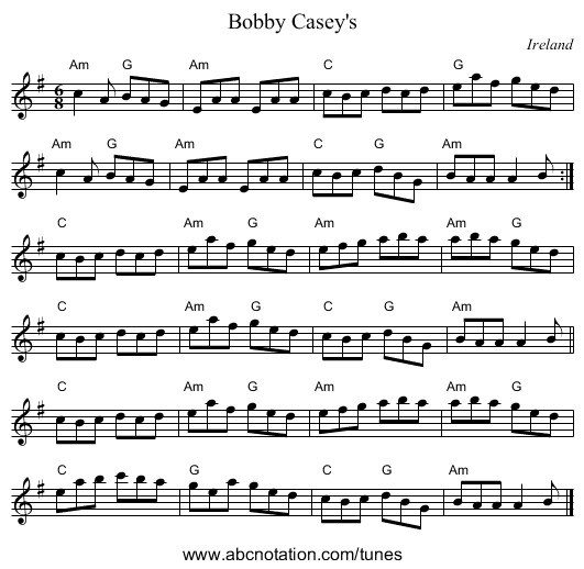 Bobby Casey's - staff notation