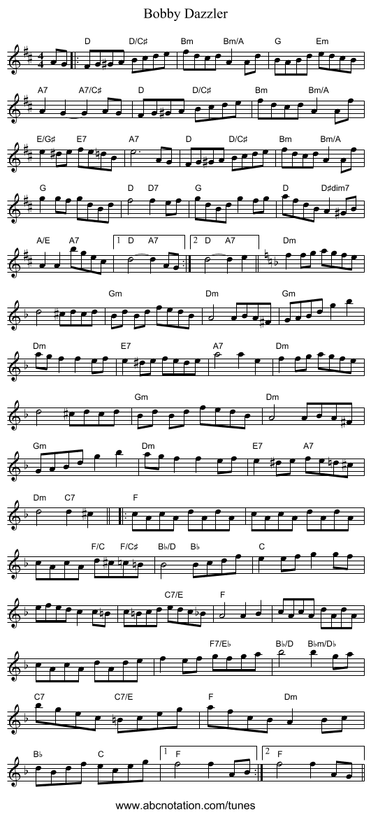 Bobby Dazzler - staff notation