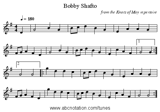 Bobby Shafto - staff notation
