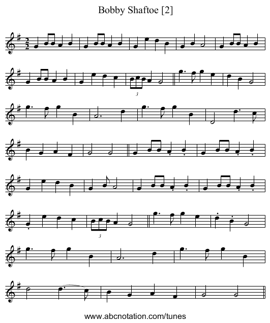 Bobby Shaftoe [2] - staff notation
