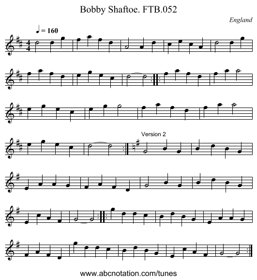 Bobby Shaftoe. FTB.052 - staff notation