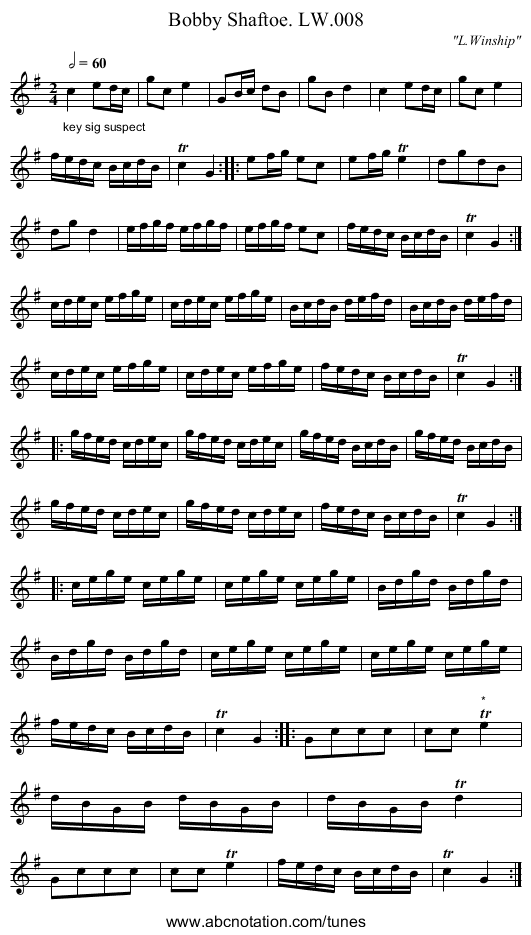 Bobby Shaftoe. LW.008 - staff notation