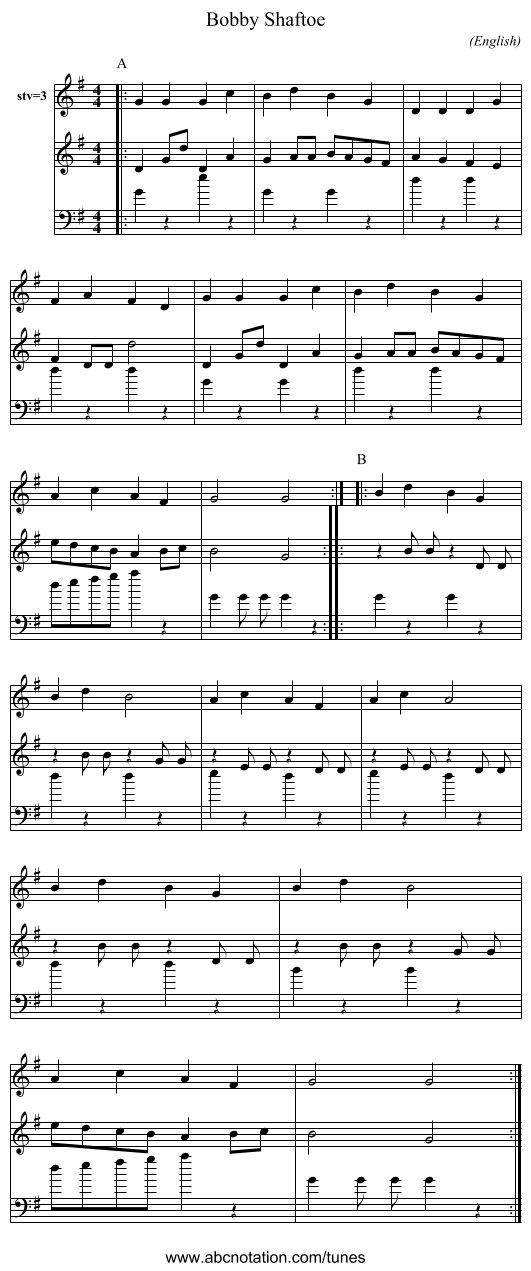 Bobby Shaftoe - staff notation