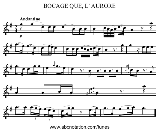 BOCAGE QUE, L' AURORE - staff notation