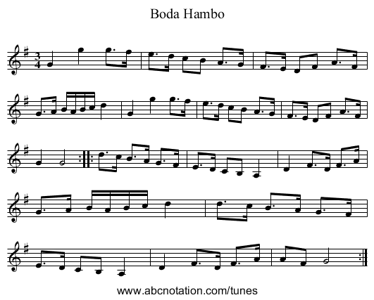 Boda Hambo - staff notation