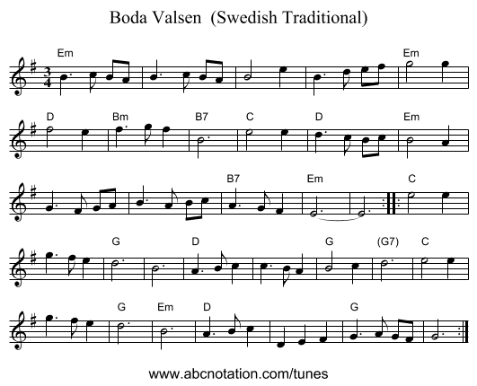 Boda Valsen  (Swedish Traditional) - staff notation