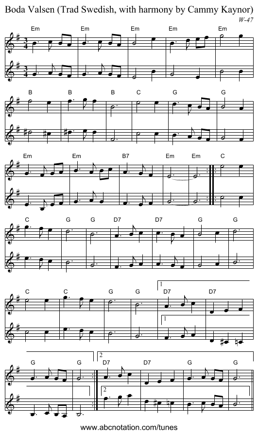 Boda Valsen (Trad Swedish, with harmony by Cammy Kaynor) - staff notation