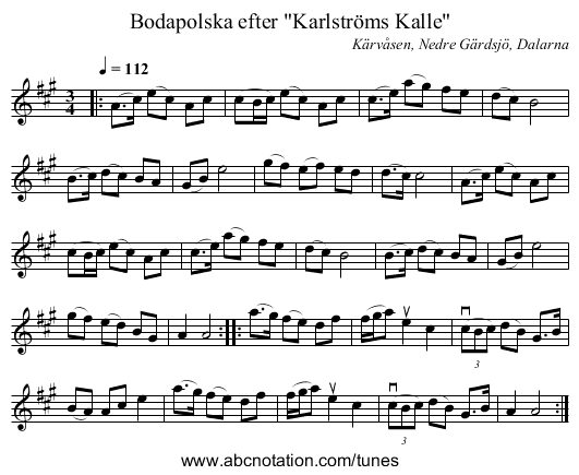Bodapolska efter Karlströms Kalle - staff notation