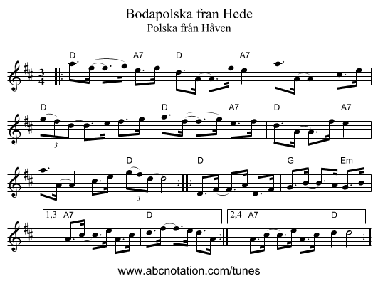 Bodapolska fran Hede - staff notation