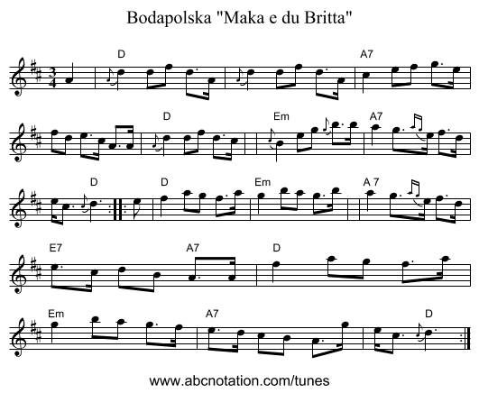 Bodapolska Maka e du Britta - staff notation