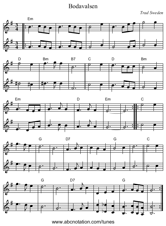 Bodavalsen - staff notation