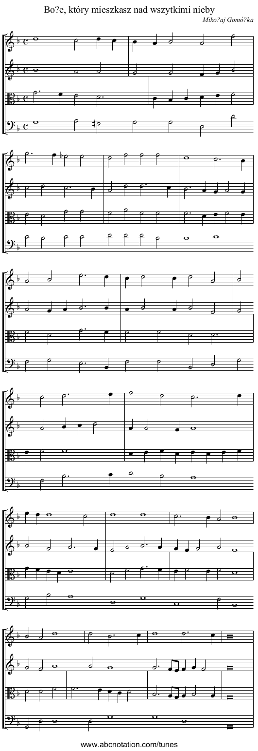 Bo?e, który mieszkasz nad wszytkimi nieby - staff notation