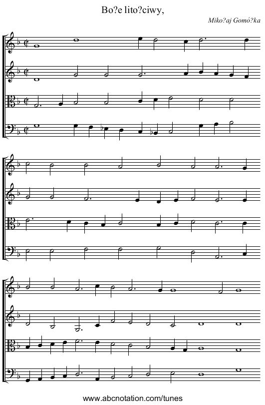 Bo?e lito?ciwy, - staff notation