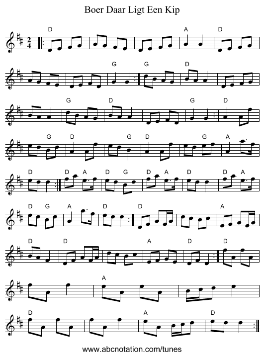 Boer Daar Ligt Een Kip - staff notation