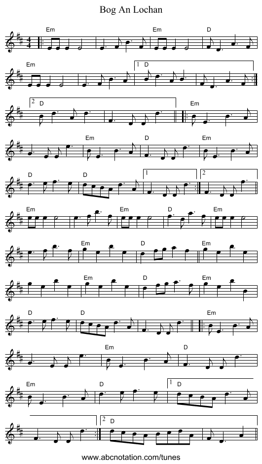 Bog An Lochan - staff notation