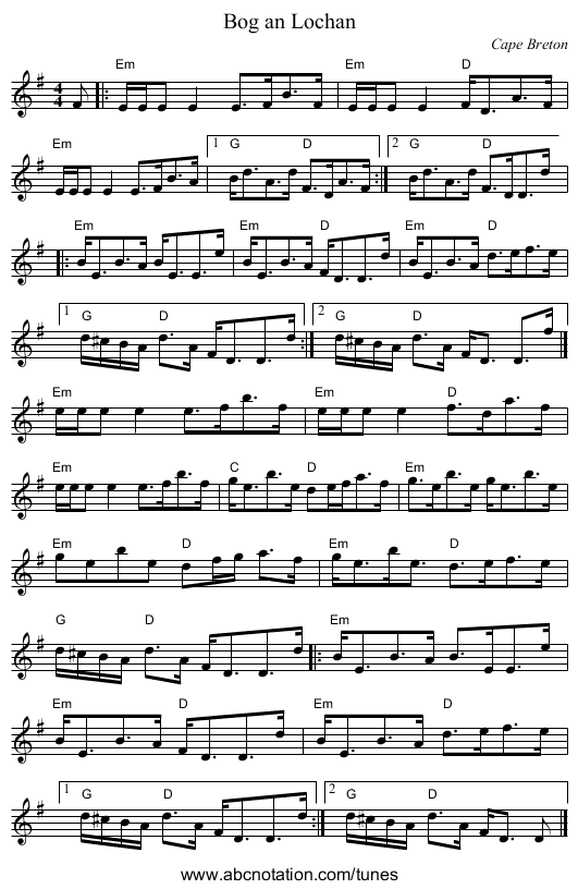 Bog an Lochan - staff notation