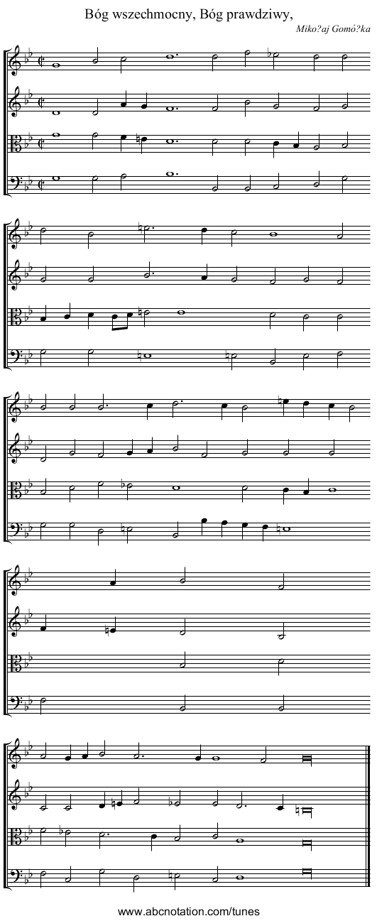 Bóg wszechmocny, Bóg prawdziwy, - staff notation