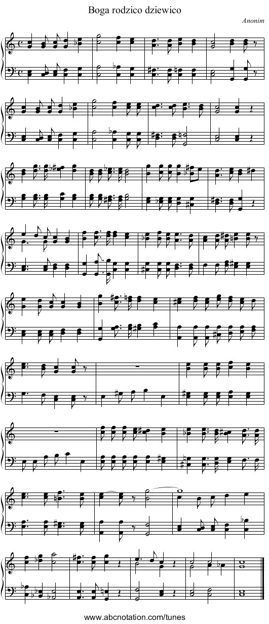 Boga rodzico dziewico - staff notation