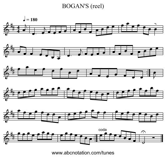 BOGAN'S (reel) - staff notation