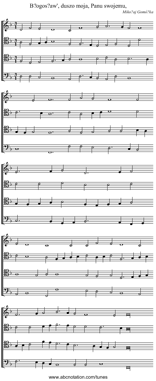 B?ogos?aw', duszo moja, Panu swojemu, - staff notation