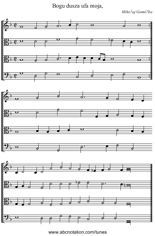 Bogu dusza ufa moja, - staff notation