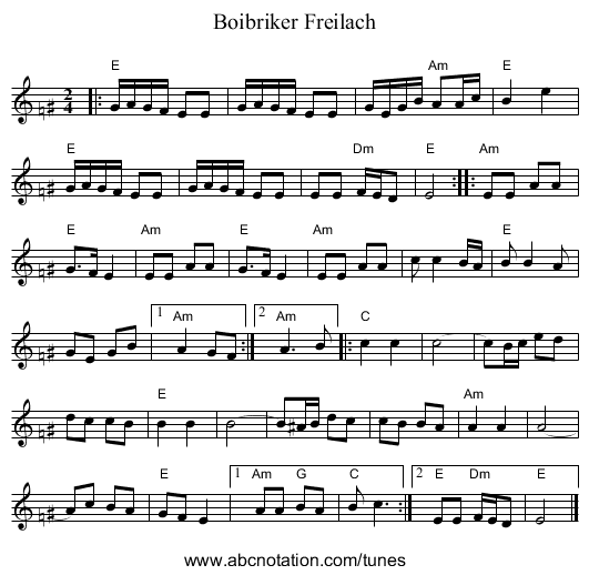 Boibriker Freilach - staff notation