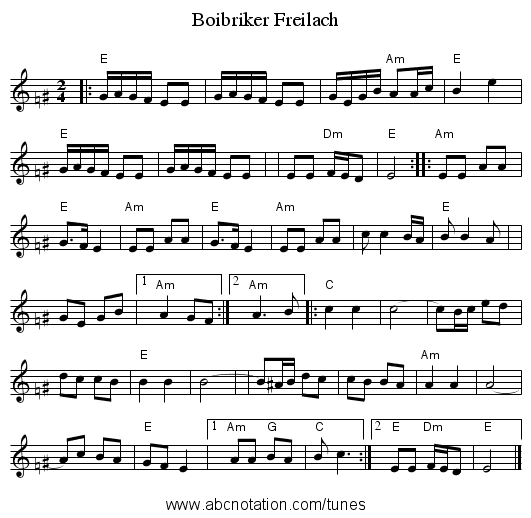 Boibriker Freilach - staff notation