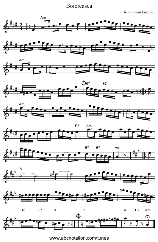 Boiereasca - staff notation