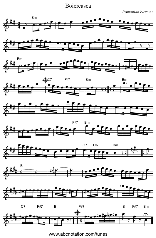 Boiereasca - staff notation
