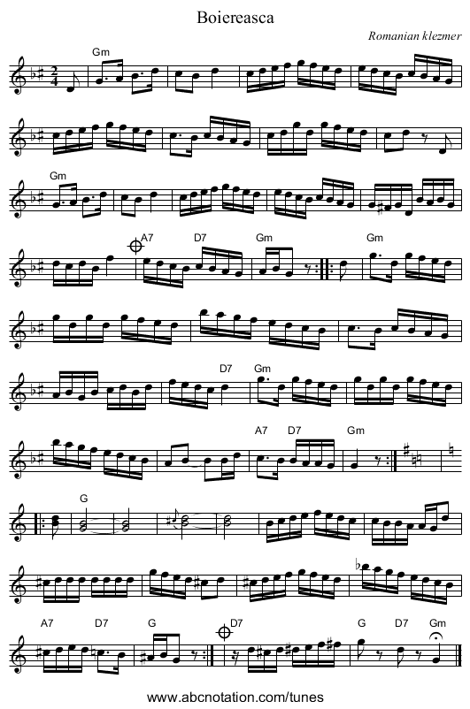 Boiereasca - staff notation