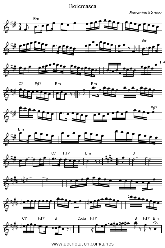Boiereasca - staff notation