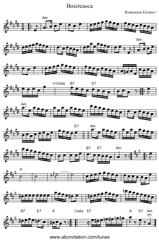 Boiereasca - staff notation