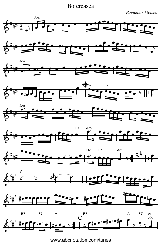 Boiereasca - staff notation