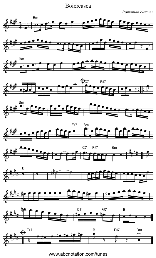Boiereasca - staff notation