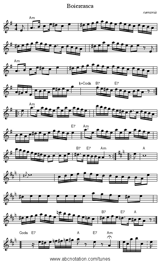 Boiereasca - staff notation