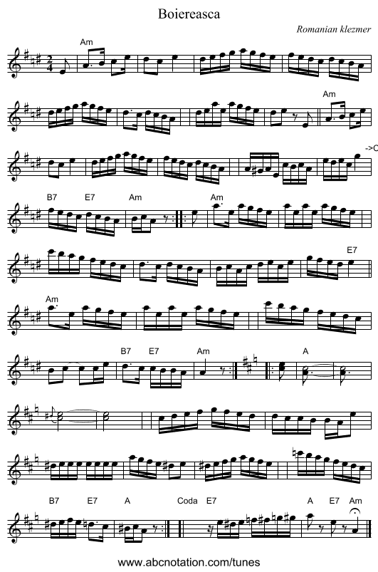 Boiereasca - staff notation