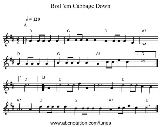 Boil 'em Cabbage Down - staff notation