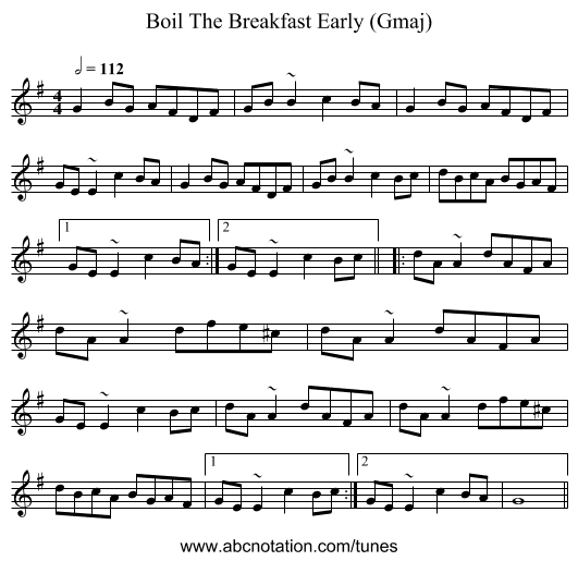 Boil The Breakfast Early (Gmaj) - staff notation