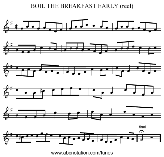 BOIL THE BREAKFAST EARLY (reel) - staff notation