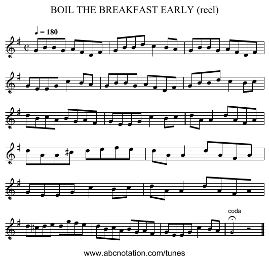 BOIL THE BREAKFAST EARLY (reel) - staff notation