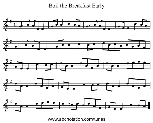 Boil the Breakfast Early - staff notation