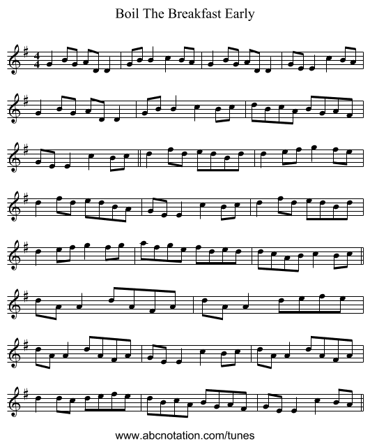 Boil The Breakfast Early - staff notation