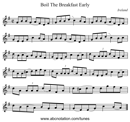 Boil The Breakfast Early - staff notation