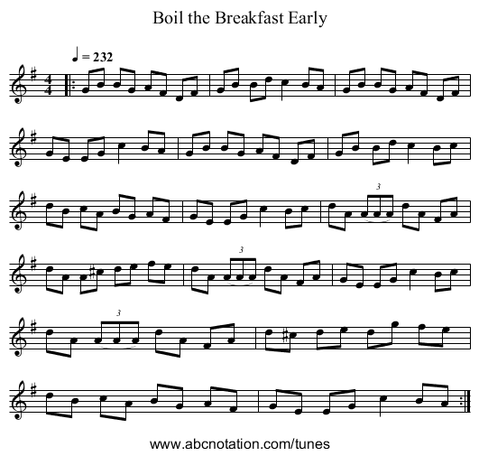 Boil the Breakfast Early - staff notation