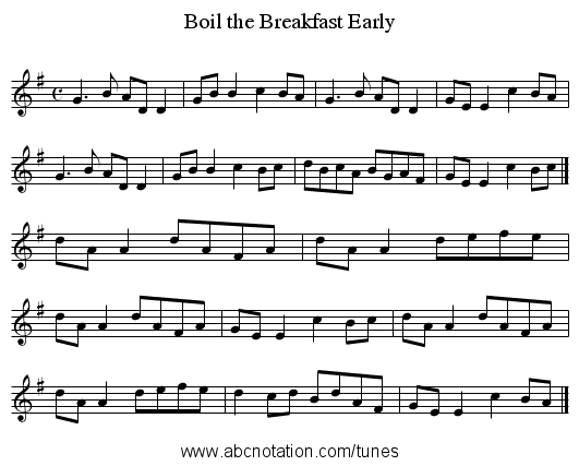 Boil the Breakfast Early - staff notation